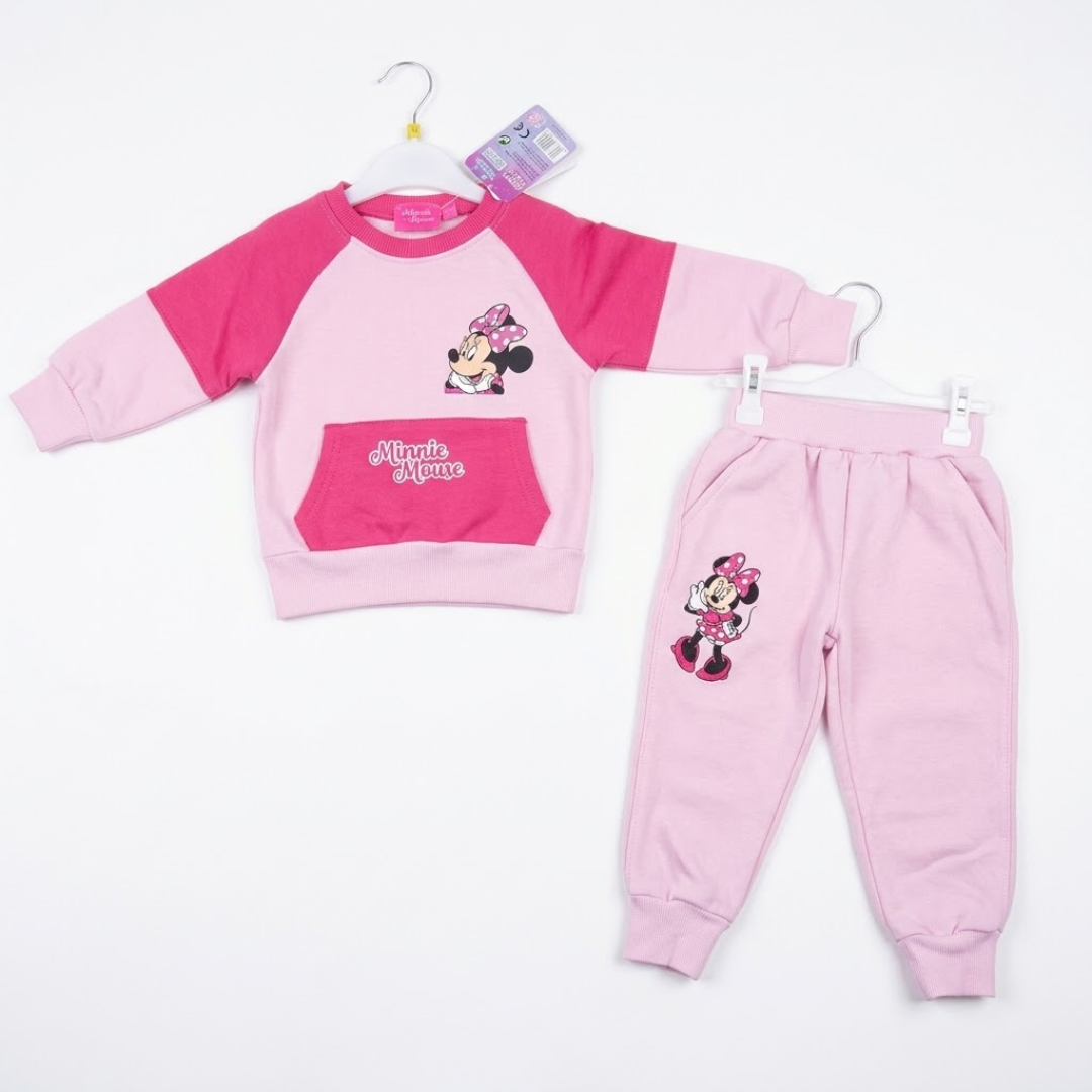 Children's Disney Minnie Mouse 2-piece outfit featuring a two-tone pink sweatshirt with a front pocket and graphic, paired with matching light pink sweatpants.