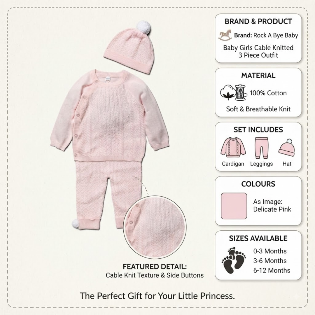 Rock A Bye Baby Girls Cable Knit 3 Piece Set 0-12M