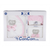 A boxed baby gift set by ConCon, containing a white and pink swaddle blanket, a pink hat, and a white and pink bootie, each decorated with a rhinestone crown and pink bow, presented in a white box with blue branding.