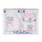 A boxed baby gift set by ConCon, containing a white and pink swaddle blanket, a pink hat, and a white and pink bootie, each decorated with a rhinestone crown and pink bow, presented in a white box with blue branding.