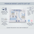 Infant layette gift set packaging with a 5-piece baby clothing set displayed in a window box. The set includes a hat, mitten, blanket, trouser, and shirt in white and light blue, with a matching bonnet.