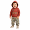 A toddler standing against a white background, wearing a rust-red hooded sweatshirt with 'TEAM' printed on the chest, camouflage cargo pants, and beige sneakers.