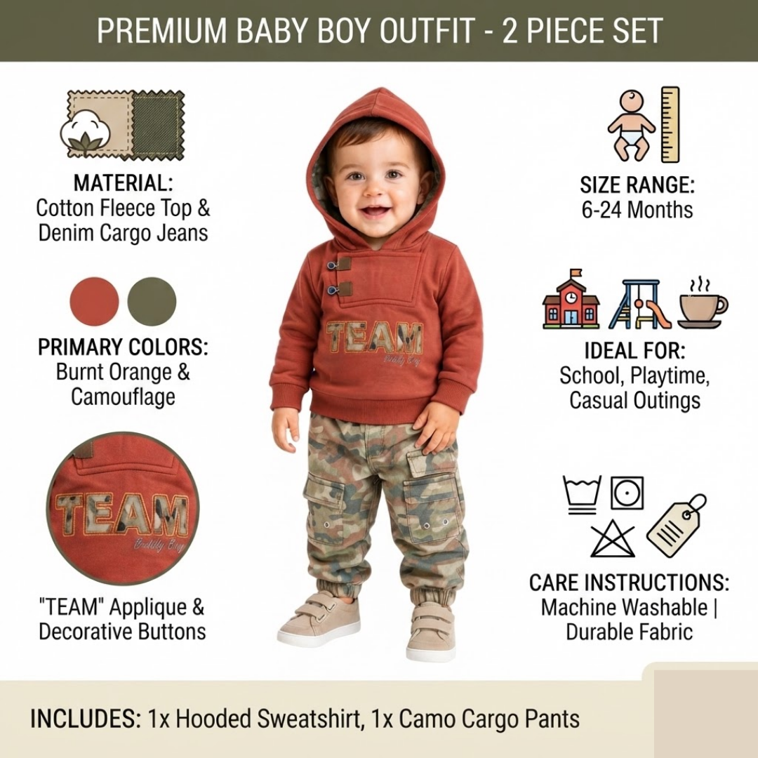 A baby boy wearing a two-piece outfit consisting of a burnt orange hooded sweatshirt with 'TEAM' applique and camouflage cargo pants, shown on a white background with informational text and icons about material, colors, size, and care instructions.