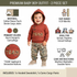 A baby boy wearing a two-piece outfit consisting of a burnt orange hooded sweatshirt with 'TEAM' applique and camouflage cargo pants, shown on a white background with informational text and icons about material, colors, size, and care instructions.