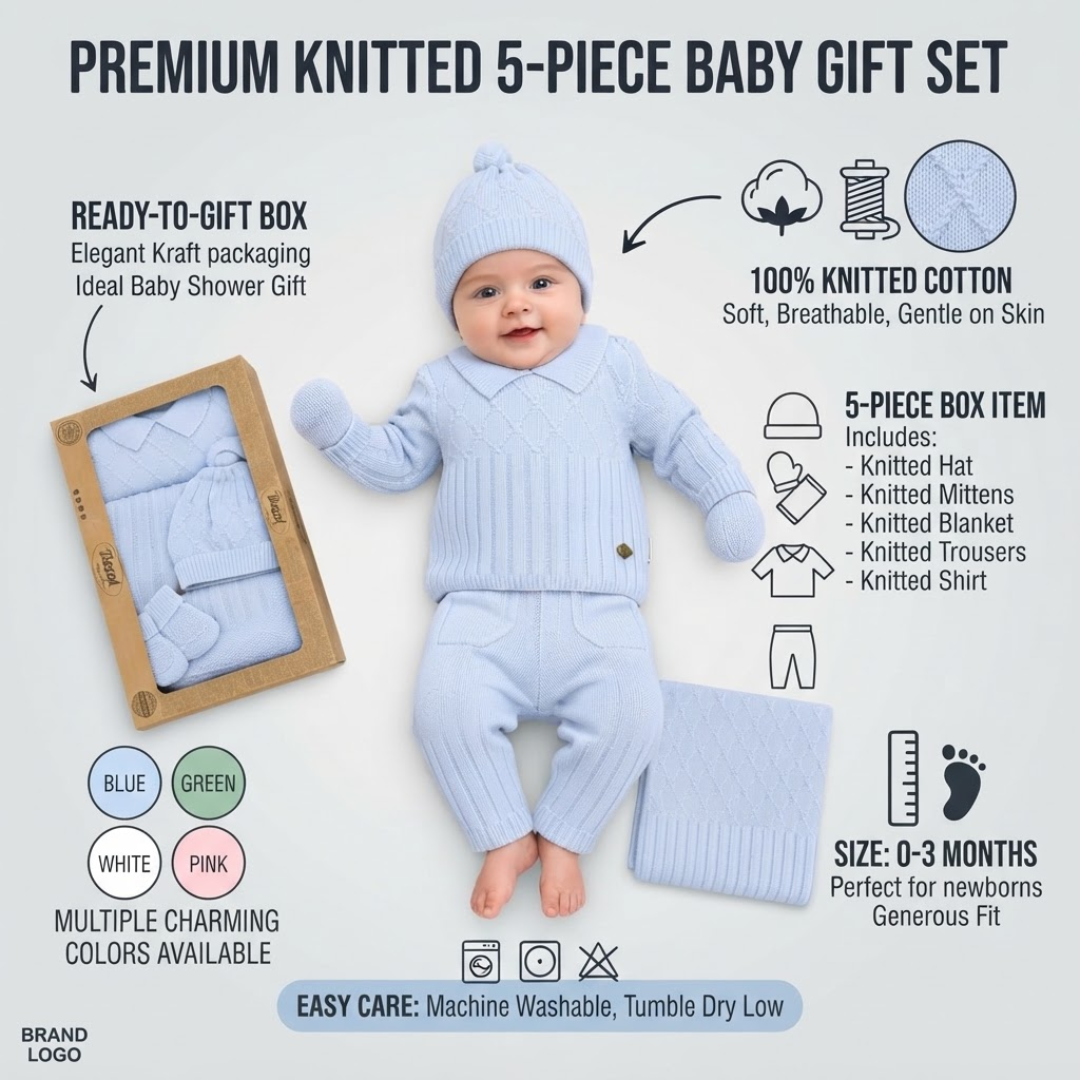 A baby wearing a light blue knit 5-piece gift set, including a hat, mittens, blanket, trousers, and shirt, shown on a light gray background with product callouts, color options, and packaging details.