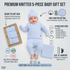 A baby wearing a light blue knit 5-piece gift set, including a hat, mittens, blanket, trousers, and shirt, shown on a light gray background with product callouts, color options, and packaging details.