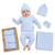 A baby wearing a light blue knit outfit set, including a hat with pom-pom, long-sleeve top, pants, mittens, and a blanket, displayed with the matching set in a kraft paper box on a white background.