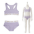 A two-piece women's underwear set in light lavender purple, shown both flat and on a white mannequin. The set includes a racerback-style sports bra and matching briefs.