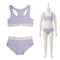 A two-piece women's underwear set in light lavender purple, shown both flat and on a white mannequin. The set includes a racerback-style sports bra and matching briefs.