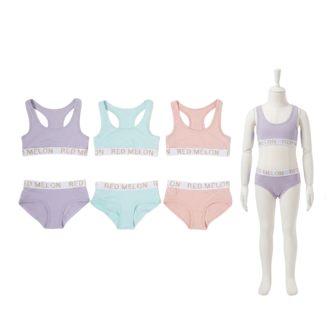 Four-piece women's underwear set in pastel colors, featuring sports bra and bikini sets in lavender, mint green, and light pink. The underwear is displayed both as flat product shots and on a white mannequin torso on the right, with the brand name 'RED MELON' visible on the waistbands.
