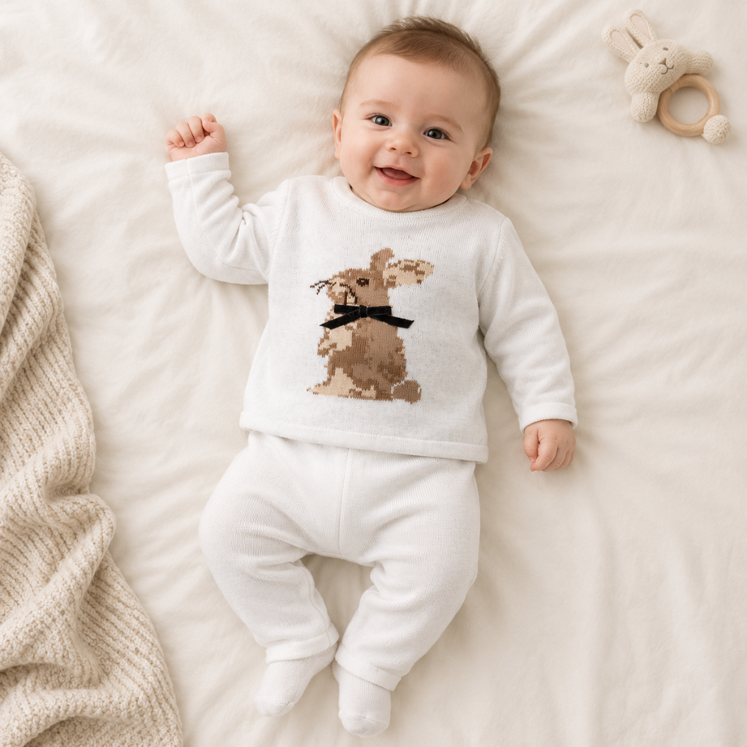 A baby lying on a white blanket wearing a white long-sleeve top and matching white pants, with a brown rabbit graphic on the chest. A beige knit blanket is on the left, and a small stuffed bunny toy is on the upper right.