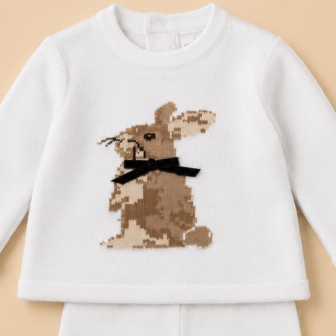 A white long-sleeve baby sweater featuring a pixelated brown rabbit graphic with a black bow tie on the chest, displayed against a solid beige background.
