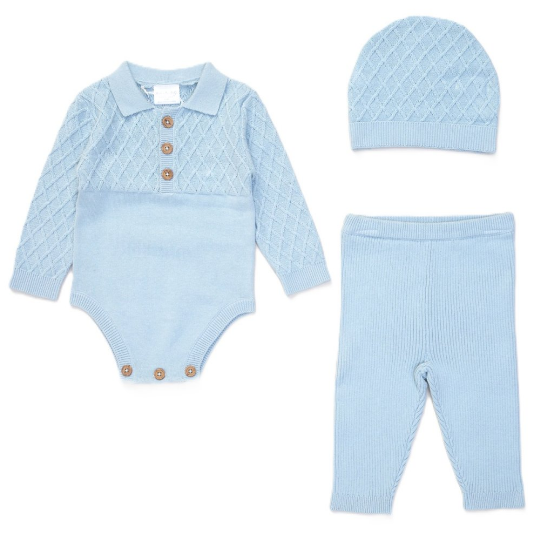 A three-piece baby knit outfit set in light blue, including a long-sleeve polo bodysuit with three brown buttons, matching ribbed pants, and a matching beanie, displayed on a clean white background.