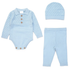 A three-piece baby knit outfit set in light blue, including a long-sleeve polo bodysuit with three brown buttons, matching ribbed pants, and a matching beanie, displayed on a clean white background.