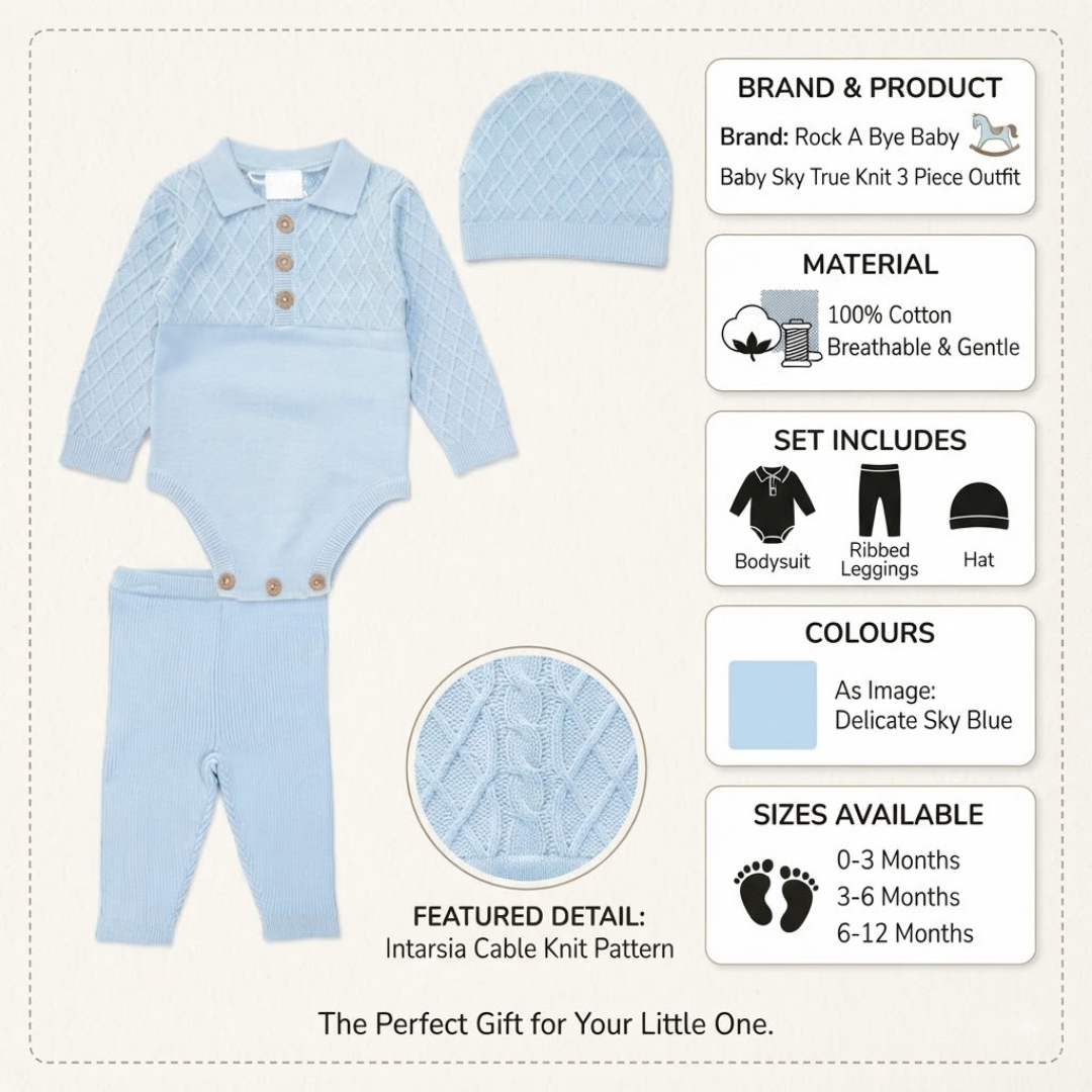 A baby knit three-piece outfit set in light sky blue, including a long-sleeve bodysuit with snap buttons, matching leggings, and a ribbed knit hat. The image is a product information graphic on a cream background with text detailing the brand 'Rock A Bye Baby', material, set contents, color, and available sizes.