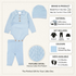 A baby knit three-piece outfit set in light sky blue, including a long-sleeve bodysuit with snap buttons, matching leggings, and a ribbed knit hat. The image is a product information graphic on a cream background with text detailing the brand 'Rock A Bye Baby', material, set contents, color, and available sizes.