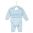 A baby long-sleeve knit romper in light blue, featuring a textured diamond pattern on the upper chest and sleeves, a ribbed collar, and three snap buttons at the crotch, shown hanging on a white plastic hanger against a white background.