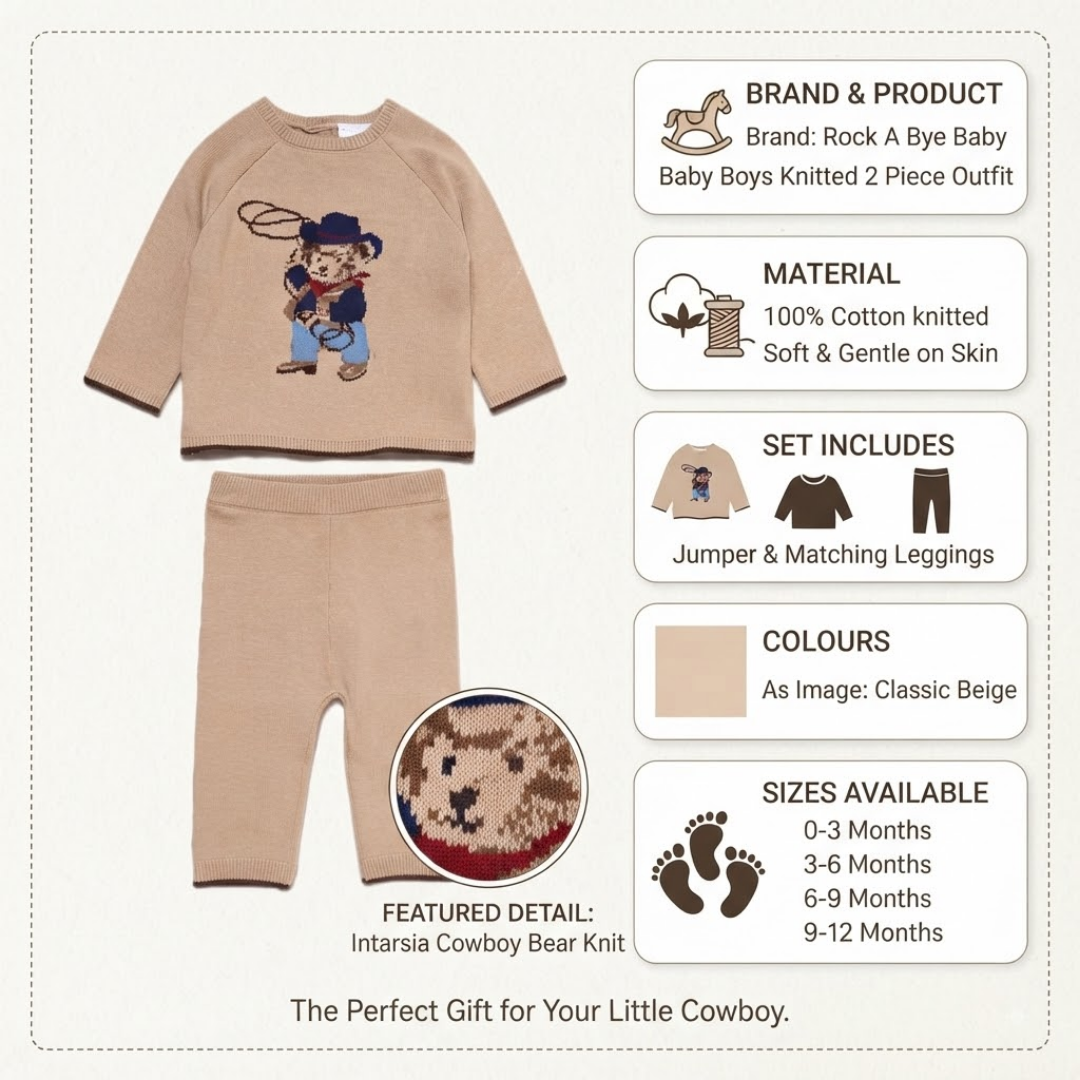 A baby boy's two-piece knit outfit set in classic beige, featuring a long-sleeve top with a cowboy bear graphic and matching pants. The image includes product specifications, sizing info, and a circular close-up of the knit texture.