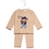 A two-piece baby knit sweater and pants set in beige, featuring a teddy bear cowboy graphic on the chest holding a lasso. The set is displayed on a white hanger against a plain white background.