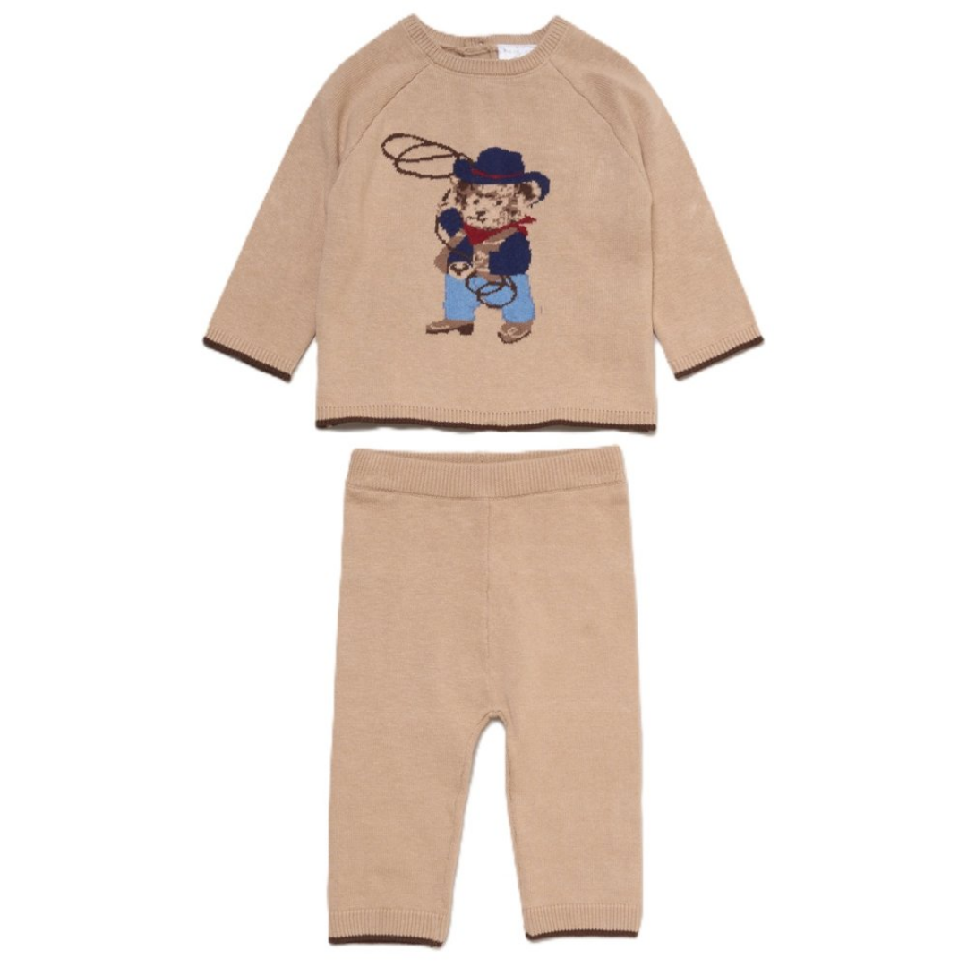 A two-piece baby knit set consisting of a tan long-sleeve top with a cartoon bear graphic and matching tan pants, displayed flat against a white background.