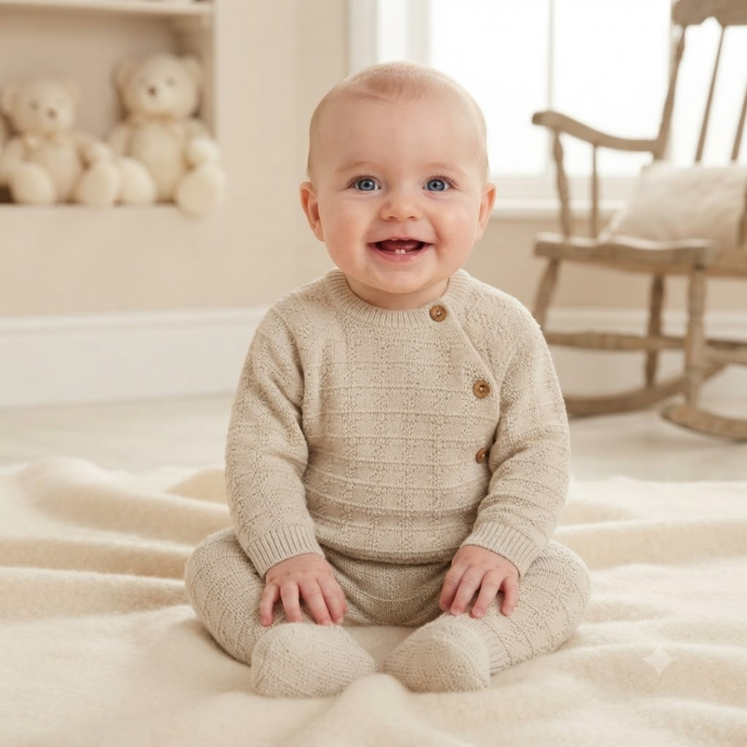 A smiling baby sitting on a cream blanket in a softly lit nursery, wearing a beige ribbed knit footed romper with brown buttons.