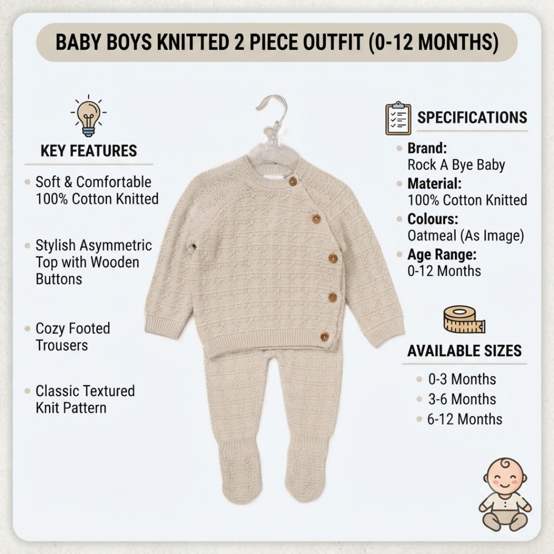 A baby boy's knitted 2-piece outfit set featuring a textured cream-colored knit top and matching footed trousers, displayed on a hanger against a light background with informational text overlays detailing features, specifications, and sizes.