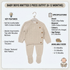 A baby boy's knitted 2-piece outfit set featuring a textured cream-colored knit top and matching footed trousers, displayed on a hanger against a light background with informational text overlays detailing features, specifications, and sizes.
