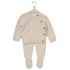 Knitted baby outfit with buttons on a hanger against a white background
