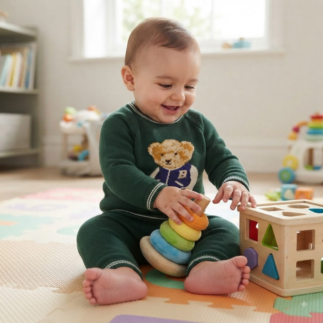 A baby sitting on a colorful play mat in a bright room, wearing a dark green long-sleeve pajama set with a teddy bear graphic. The baby is interacting with a rainbow ring toy and a wooden shape-sorting box.