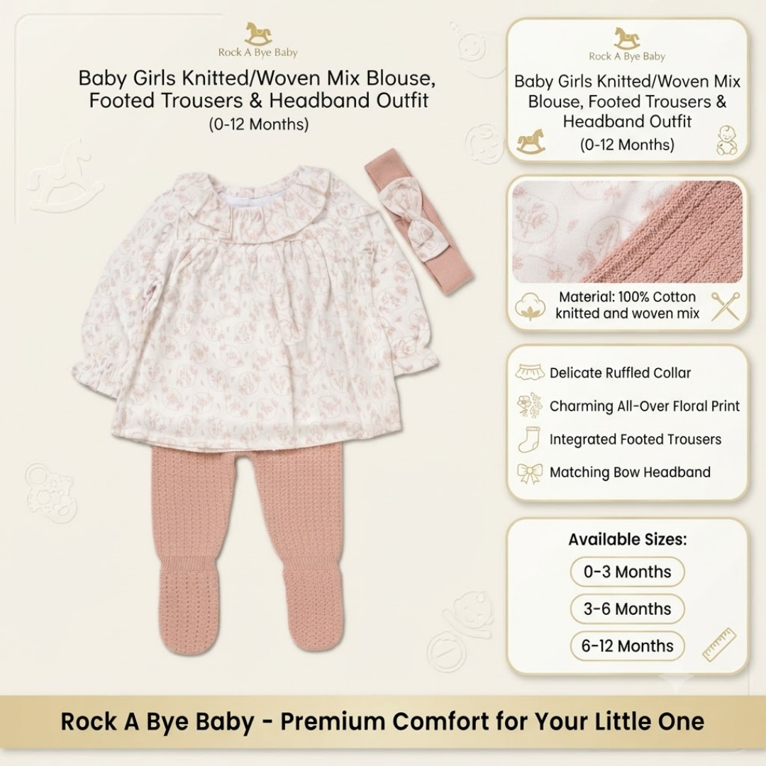 Baby girl's knit and woven mix outfit set featuring a short-sleeve ruffled blouse, footed trousers, and a matching headband. The set includes a light pink floral print top and dusty pink leggings, shown with informational text panels and product details on a cream background.