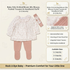 Baby girl's knit and woven mix outfit set featuring a short-sleeve ruffled blouse, footed trousers, and a matching headband. The set includes a light pink floral print top and dusty pink leggings, shown with informational text panels and product details on a cream background.