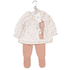 A baby girl's two-piece outfit set on a hanger, featuring a long-sleeve cream blouse with a delicate pink floral pattern and a matching pink bow, paired with dusty pink knit booties.
