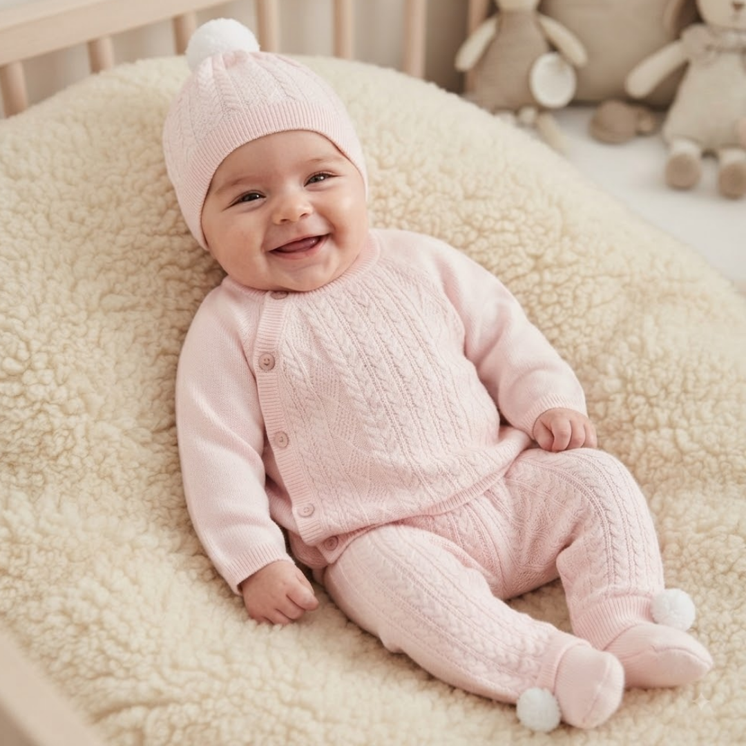 A smiling baby wearing a light pink cable-knit one-piece outfit with a matching beanie and pom-pom socks, lying on a cream-colored textured blanket in a crib.