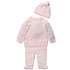 A baby girl's three-piece knit outfit set in pale pink, featuring a long-sleeve button-front cardigan, matching footed pants with white pom-pom details, and a matching beanie with a white pom-pom, displayed on a clean white background.
