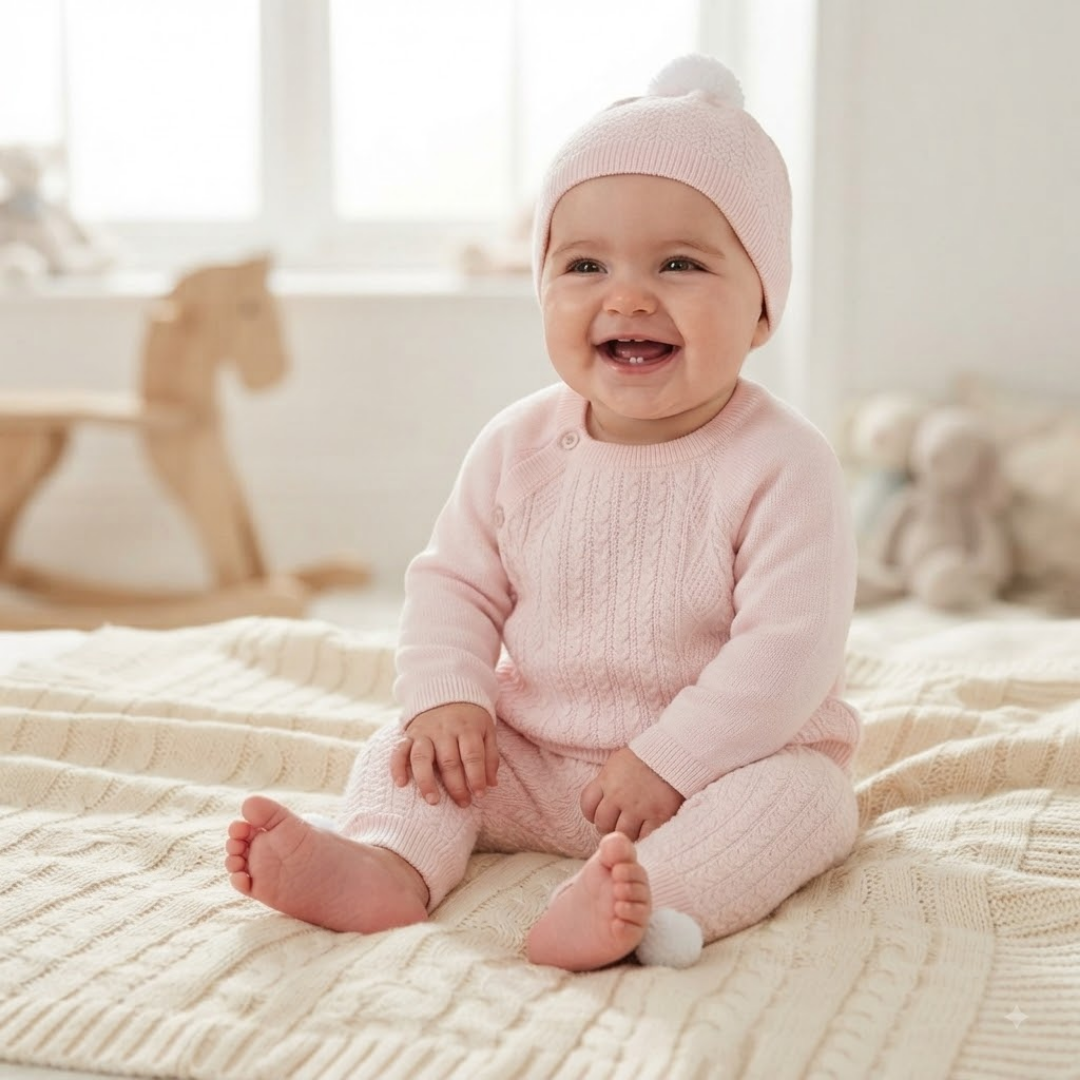 A smiling baby sitting on a cream knit blanket in a bright room, wearing a light pink cable-knit romper and matching pink knit hat with white pom-poms.