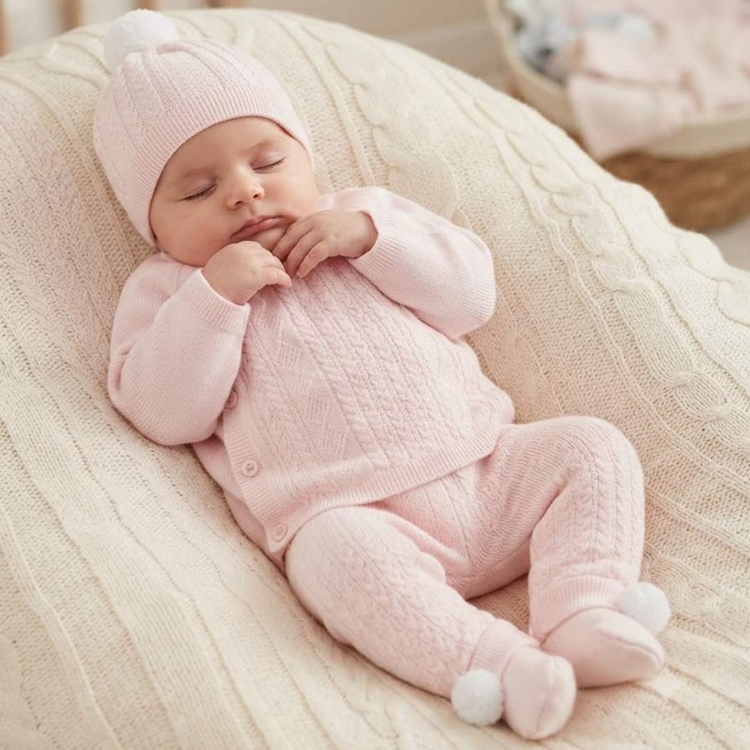 A sleeping newborn baby wearing a light pink cable-knit one-piece outfit with a matching beanie hat and pom-pom socks, lying on a cream-colored cable-knit blanket.