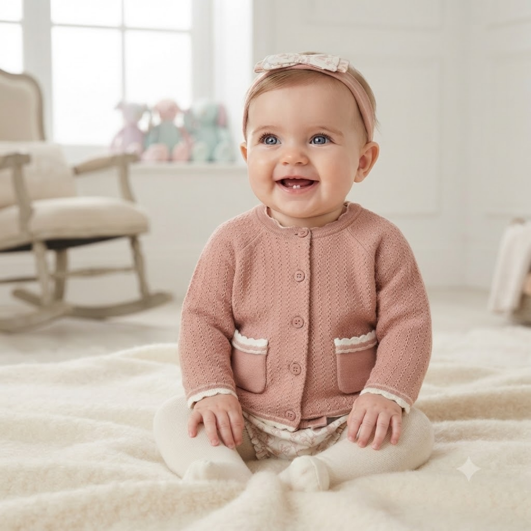 A smiling baby sitting on a cream blanket in a bright nursery, wearing a dusty pink textured cardigan with white lace trim, matching pink knit tights, and a pink bow headband.