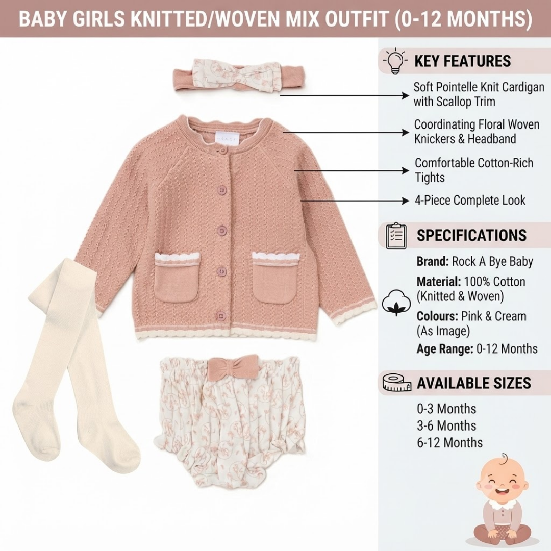 Baby girl's knitted and woven mix outfit set including a pink knit cardigan, floral-printed bloomers, cream tights, and a matching bow headband, shown with feature callouts and specifications on a white background.