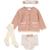 Baby girl's outfit set with pink cardigan, bloomers, tights, and headband on a white background