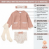 Baby girl's knitted and woven mix outfit set including a pink knit cardigan, floral-printed bloomers, cream tights, and a matching bow headband, shown with feature callouts and specifications on a white background.