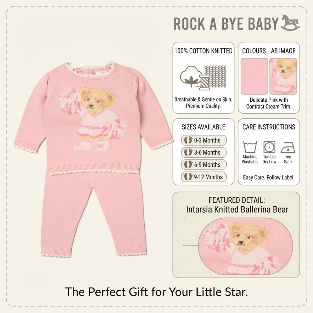 A baby pink two-piece knit outfit featuring a teddy bear graphic, shown alongside informational text panels detailing product features, sizing, care instructions, and color options on a light beige background.