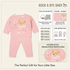A baby pink two-piece knit outfit featuring a teddy bear graphic, shown alongside informational text panels detailing product features, sizing, care instructions, and color options on a light beige background.