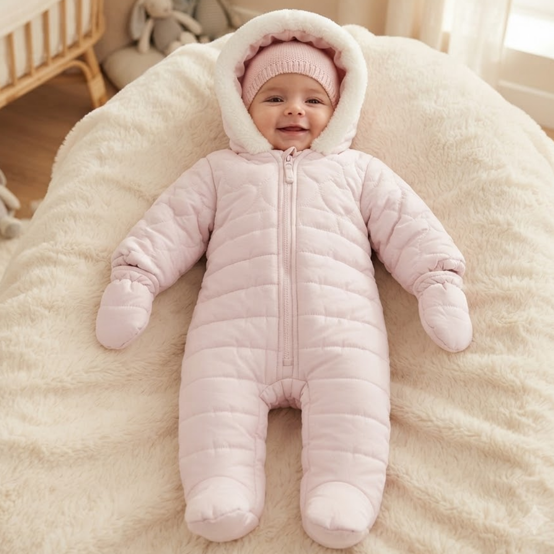 A baby wearing a light pink quilted hooded footless sleeper with matching mittens and a knit hat, lying on a fluffy cream blanket in a softly lit nursery.