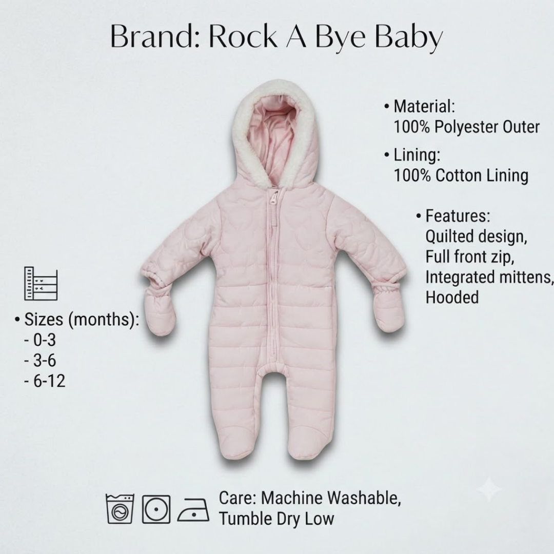 A light pink hooded baby snowsuit with integrated mittens, shown on a light gray background with product details, sizes, and care instructions. The brand name 'Rock A Bye Baby' is displayed at the top.