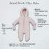 A light pink hooded baby snowsuit with integrated mittens, shown on a light gray background with product details, sizes, and care instructions. The brand name 'Rock A Bye Baby' is displayed at the top.