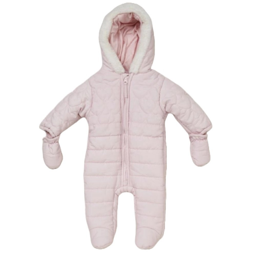 A light pink quilted baby snowsuit with an attached hood, plush cream lining, front zipper, and integrated mittens and foot coverings, shown on a plain white background.