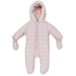 A light pink quilted baby snowsuit with an attached hood, plush cream lining, front zipper, and integrated mittens and foot coverings, shown on a plain white background.