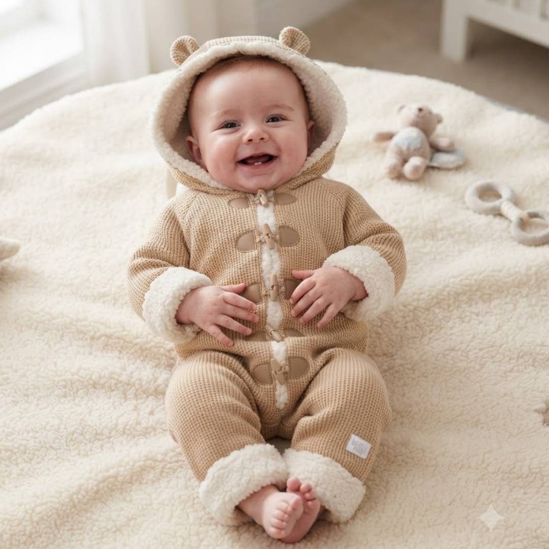 A baby wearing a cozy knit hooded one-piece outfit in beige with cream faux-fur trim, sitting on a soft cream blanket in a bright room. The outfit has bear-ear details on the hood and front button closures.