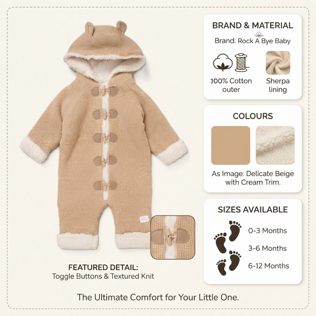 A beige knit baby hooded romper with cream sherpa lining and toggle buttons, shown on a light beige background with informational text panels about brand, material, color, and sizes.