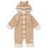 A beige ribbed knit hooded baby jumpsuit with cream sherpa lining, featuring toggle closures down the front, a hood with bear ears, and matching cream sherpa trim at the cuffs and ankles.